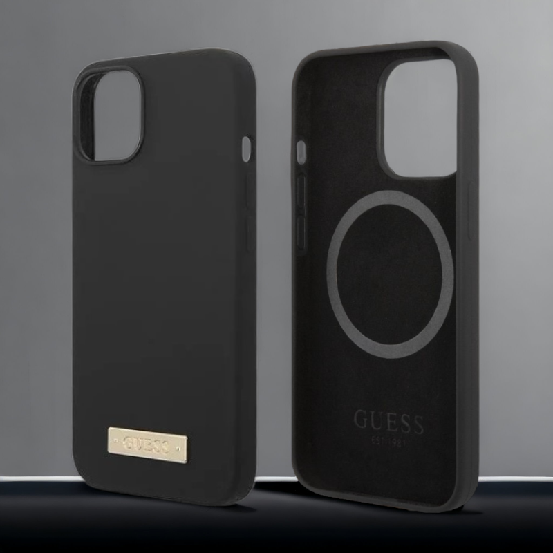 Silikonski ovitek Guess "Metal Logo" za iPhone 14 Pro Max z MagSafe tehnologijo - črn (GUHMP14XSBPLK)