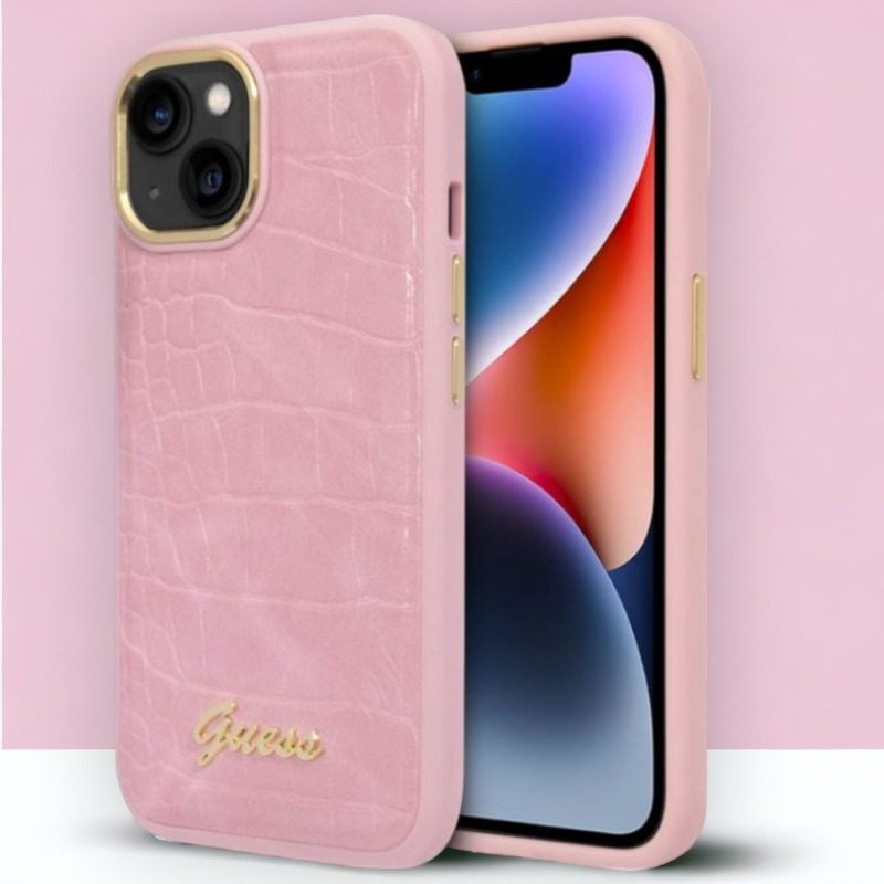 Ovitek Guess "Croco Collection" za iPhone 13/14/15 - roza (GUHCP14SHGCRHP) – Svetlo roza / PC + TPU silikon + Ekološko u