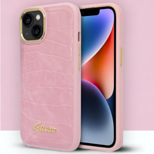 Ovitek Guess "Croco Collection" za iPhone 13/14/15 - roza (GUHCP14SHGCRHP) – Svetlo roza / PC + TPU silikon + Ekološko u