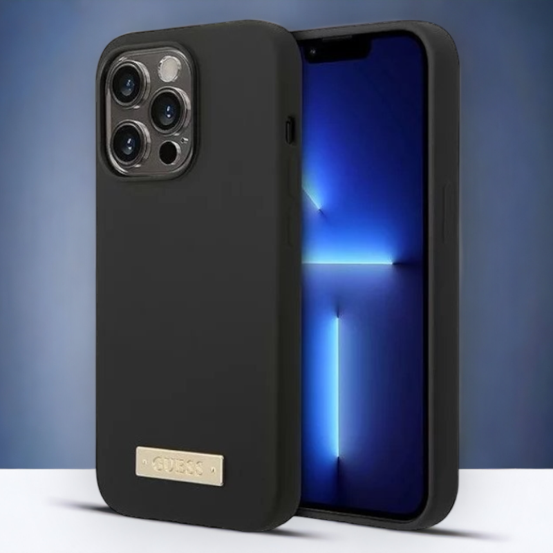 Silikonski ovitek Guess "Metal Logo" za iPhone 14 Pro z MagSafe tehnologijo - črn (GUHMP14LSBPLK) – Črna / Silikon
