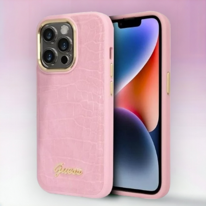 Ovitek Guess "Croco Collection" za iPhone 14 Pro - roza (GUHCP14LHGCRHP) – Svetlo roza / PC + TPU silikon + Ekološko usn