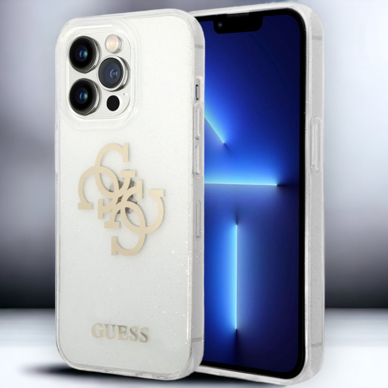 Ovitek Guess "Big 4G Full Glitter" za iPhone 13 Pro - prozorna (GUHCP13LPCUGL4GTR) – Prozorna / PC + TPU silikon