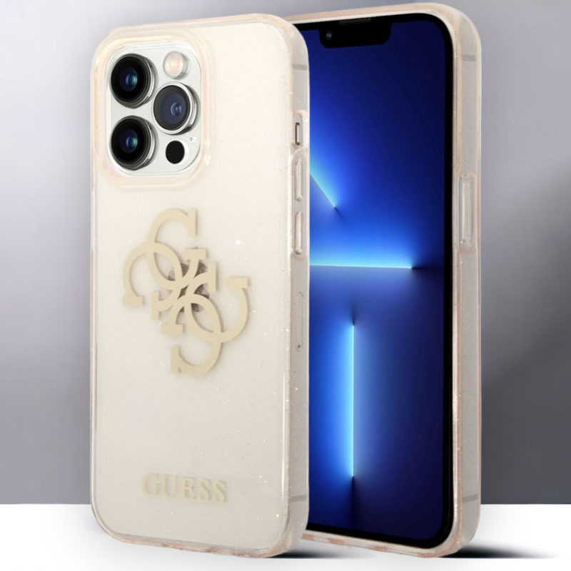 Ovitek Guess "Big 4G Full Gold Glitter" za iPhone 14 Pro Max (GUHCP14XPCUGL4GGO) – Zlata / PC + TPU silikon