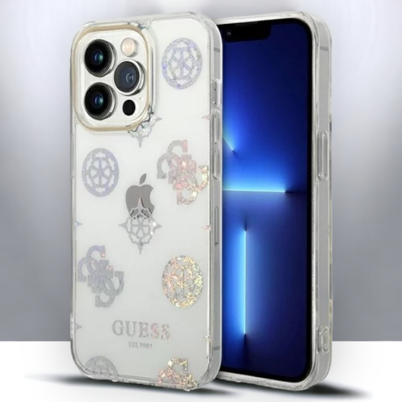 Ovitek Guess "Peony Glitter" za iPhone 14 Pro (GUHCP14LHTPPTH) – Prozorna / PC + TPU silikon
