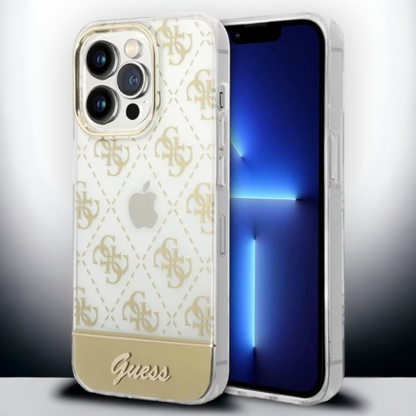 Ovitek Guess "Peony Glitter Script Logo" za iPhone 14 Pro Max - zlata (GUHCP14XHG4MHG) – Zlata / PC + TPU silikon