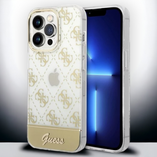 Ovitek Guess "Peony Glitter Script Logo" za iPhone 14 Pro Max - zlata (GUHCP14XHG4MHG) – Zlata / PC + TPU silikon