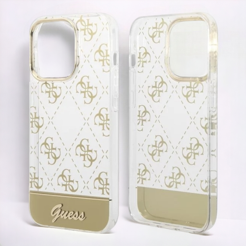 Ovitek Guess "Peony Glitter Script Logo" za iPhone 14 Pro Max - zlata (GUHCP14XHG4MHG)