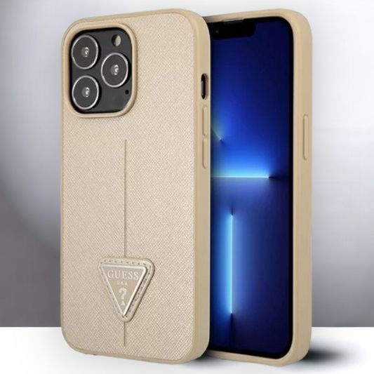 Ovitek Guess "Saffiano Triangle Logo" za iPhone 13 Pro - bež (GUHCP13LPSATLE) – Bež / PC + TPU silikon + Ekološko usnje
