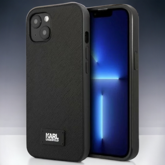 Ovitek Karl Lagerfeld "Saffiano Plaque - black" za iPhone 13/14/15 (KLHCP13MSFMP2K) – Črna / PC + TPU silikon