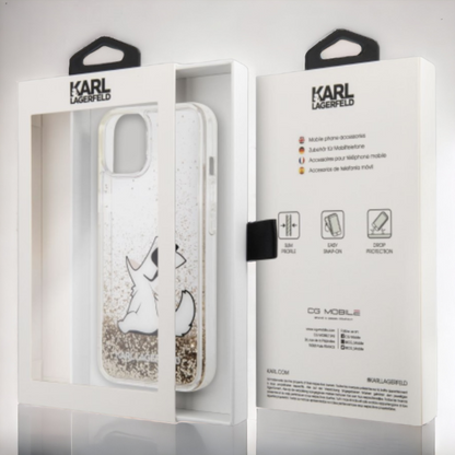 Ovitek Karl Lagerfeld "Choupette - liquid gold glitter" za iPhone 14 Pro (KLHCP14LGCFD)