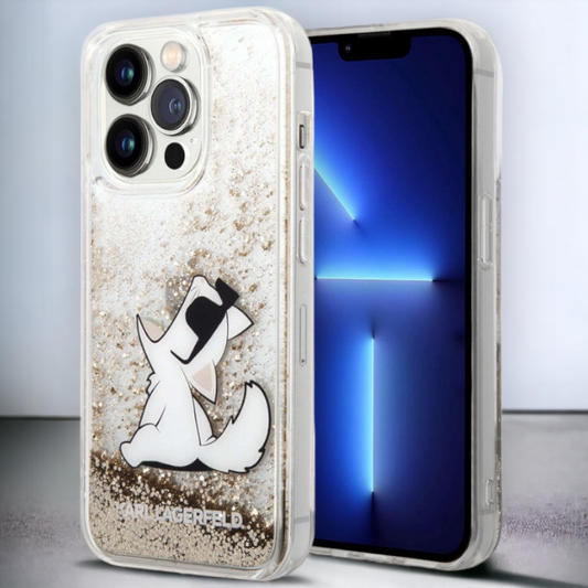 Ovitek Karl Lagerfeld "Choupette - liquid gold glitter" za iPhone 14 Pro (KLHCP14LGCFD) – Prozorna / PC + TPU silikon