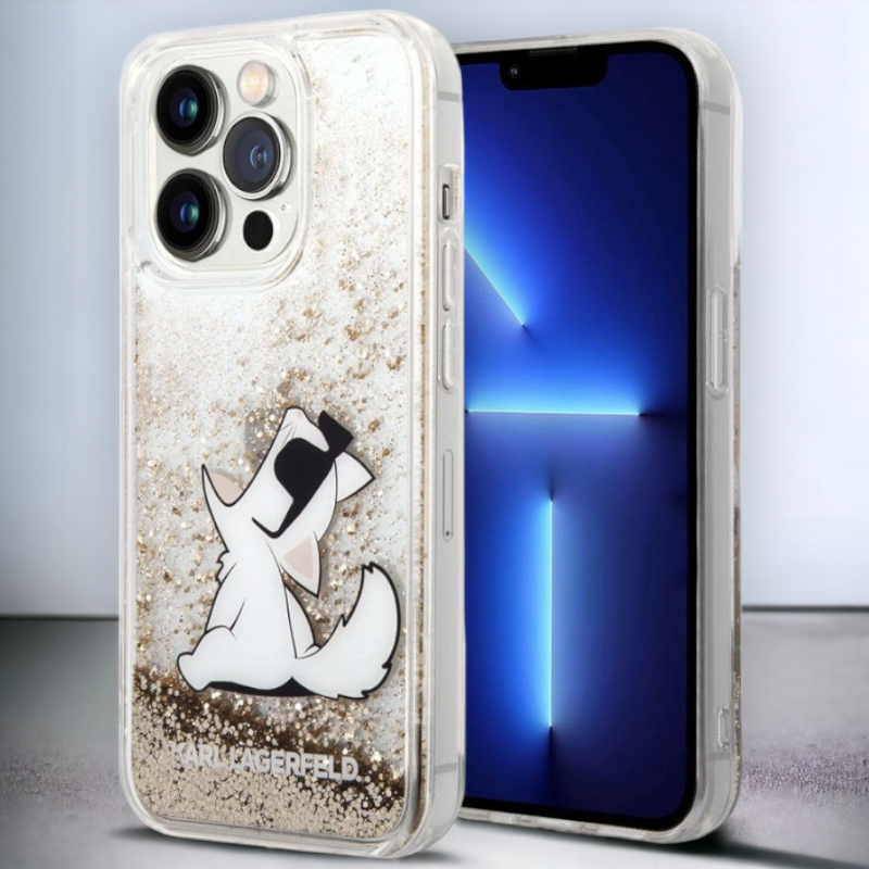 Ovitek Karl Lagerfeld "Choupette - liquid gold glitter" za iPhone 13 Pro Max/12 Pro Max (KLHCP13XGCFD) – Prozorna / PC +