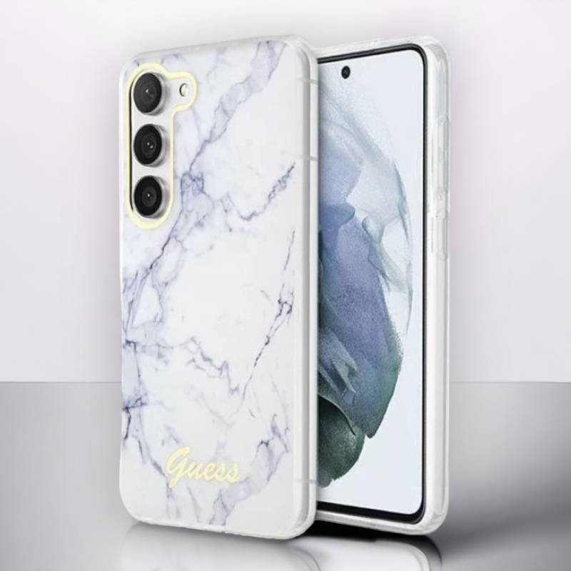 Ovitek Guess "White marble" za Samsung Galaxy S23 (GUHCS23SPCUMAH) – Bela / PC + TPU silikon