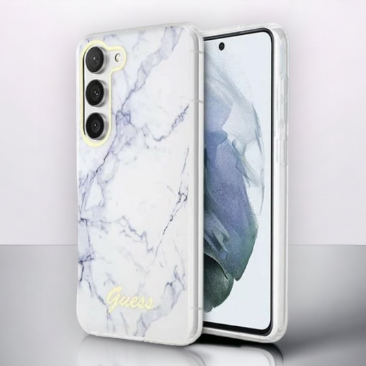 Ovitek Guess "White marble" za Samsung Galaxy S23 (GUHCS23SPCUMAH) – Bela / PC + TPU silikon