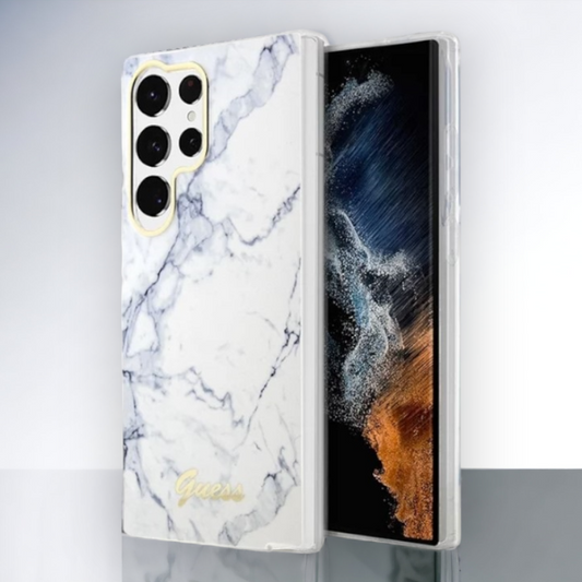 Ovitek Guess "White marble" za Samsung Galaxy S23 Ultra (GUHCS23LPCUMAH) – Bela / PC + TPU silikon