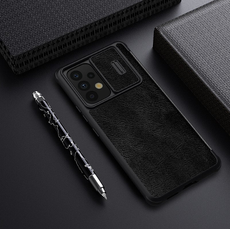Usnjena preklopna torbica "QIN Pro" za Samsung Galaxy A73 5G - črna – Nillkin – Črna / Naravno usnje + PC
