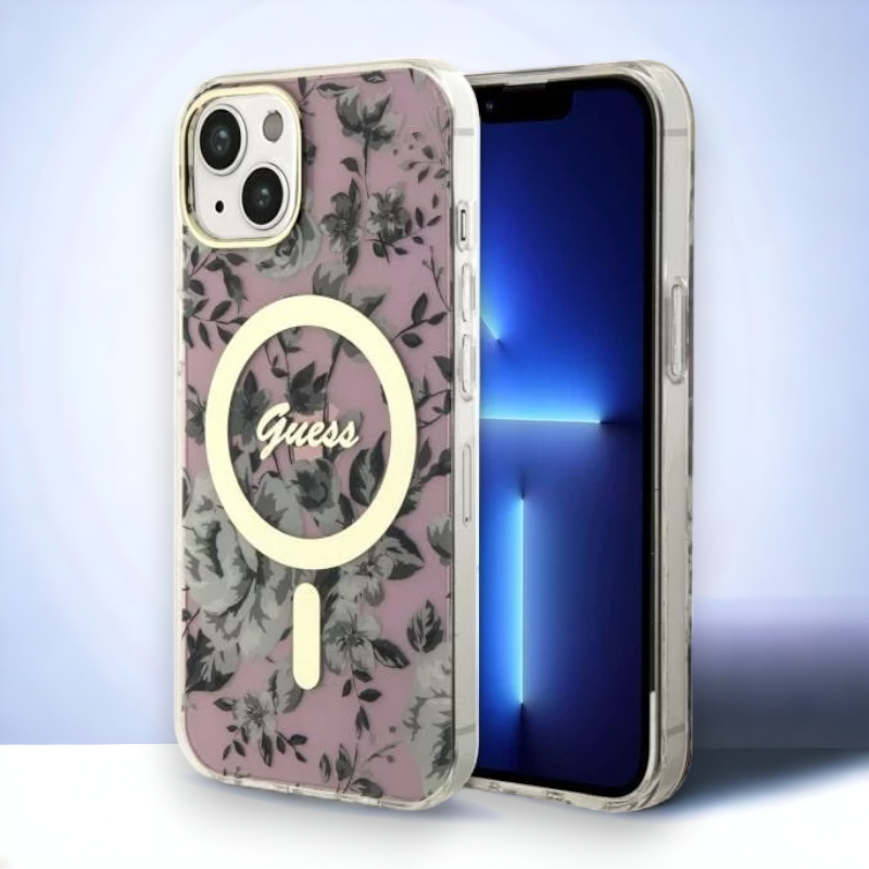 Ovitek Guess "Flower" za iPhone 13/14/15 s tehologijo MagSafe - roza (GUHMP14SHCFWSP; GUHMP13MHCFWSP) – Roza / PC + TPU 