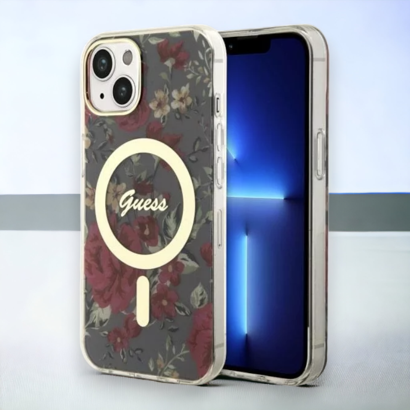 Ovitek Guess "Flower" za iPhone 14 s tehologijo MagSafe - rjava (GUHMP14SHCFWSA; GUHMP13MHCFWSA) – Rjava / PC + TPU sili