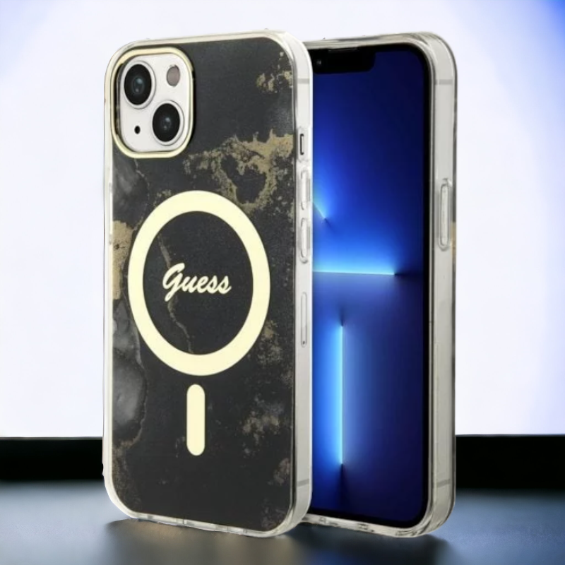 Ovitek Guess "Golden Marble" za iPhone 13/14/15 s tehologijo MagSafe - črna (GUHMP13MHTMRSK; GUHMP14SHTMRSK) – Črna / Si