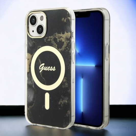 Ovitek Guess "Golden Marble" za iPhone 13/14/15 s tehologijo MagSafe - črna (GUHMP13MHTMRSK; GUHMP14SHTMRSK) – Črna / Si
