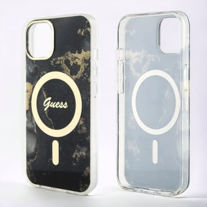 Ovitek Guess "Golden Marble" za iPhone 14 Pro s tehologijo MagSafe - črna (GUHMP14LHTMRSK)