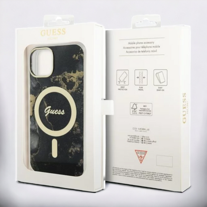 Ovitek Guess "Golden Marble" za iPhone 13/14/15 s tehologijo MagSafe - črna (GUHMP13MHTMRSK; GUHMP14SHTMRSK)