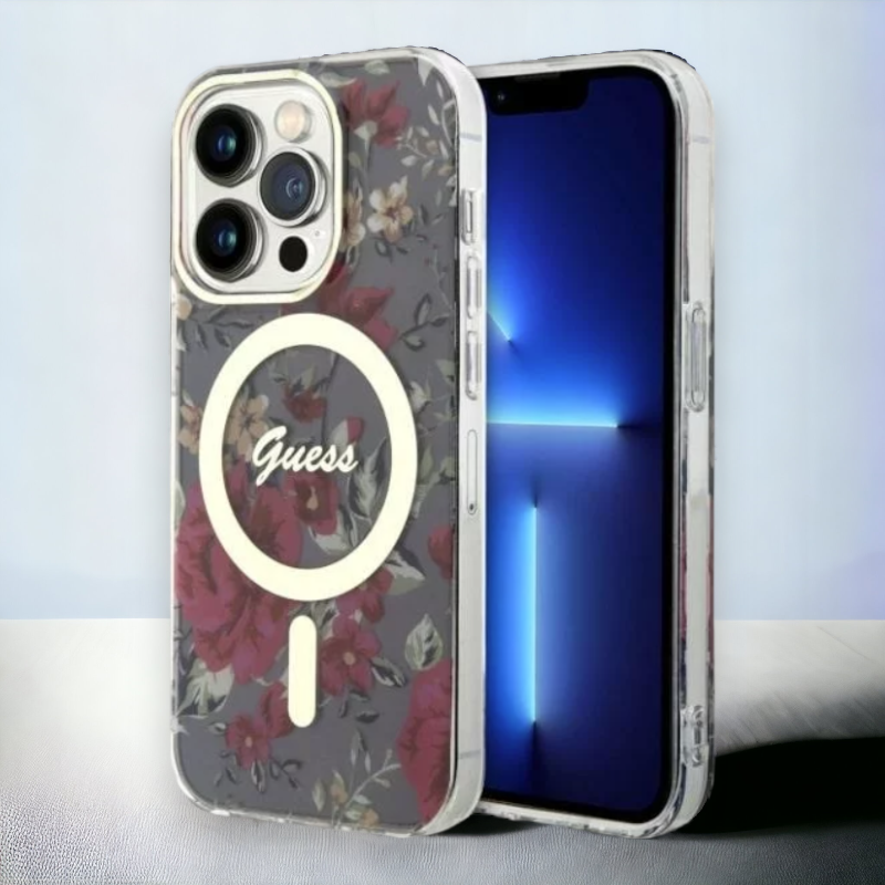Ovitek Guess "Flower" za iPhone 13 Pro Max/12 Pro Max s tehologijo MagSafe - rjava (GUHMP13XHCFWSA) – Rjava / Silikon