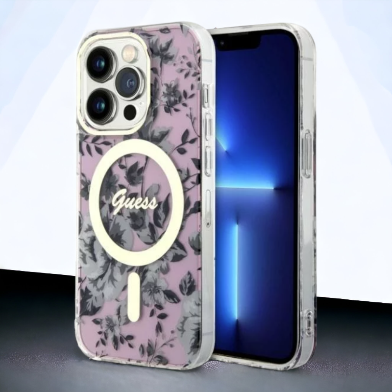 Ovitek Guess "Flower" za iPhone 13 Pro s tehologijo MagSafe - roza (GUHMP13LHCFWSP) – Roza / PC + TPU silikon