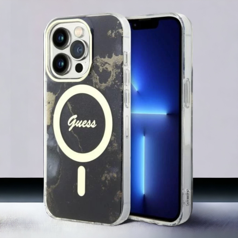Ovitek Guess "Golden Marble" za iPhone 14 Pro Max s tehologijo MagSafe - črna (GUHMP14XHTMRSK) – Črna / PC + TPU silikon