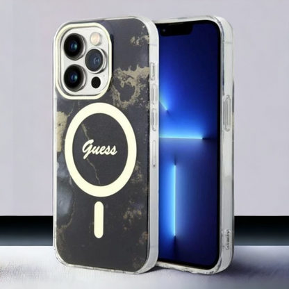 Ovitek Guess "Golden Marble" za iPhone 14 Pro Max s tehologijo MagSafe - črna (GUHMP14XHTMRSK) – Črna / PC + TPU silikon