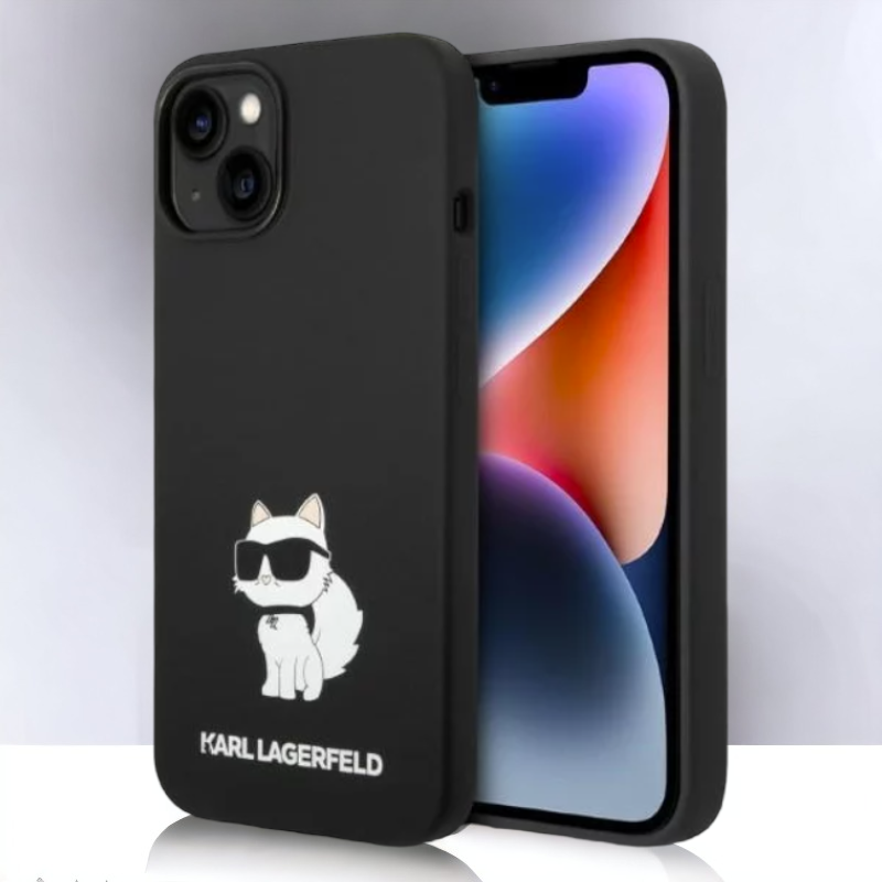 Silikonski ovitek Karl Lagerfeld "Liquid Silicone Choupette" za iPhone 13/14/15 (KLHCP13MSNCHBCK; KLHCP14SSNCHBCK) – Črn