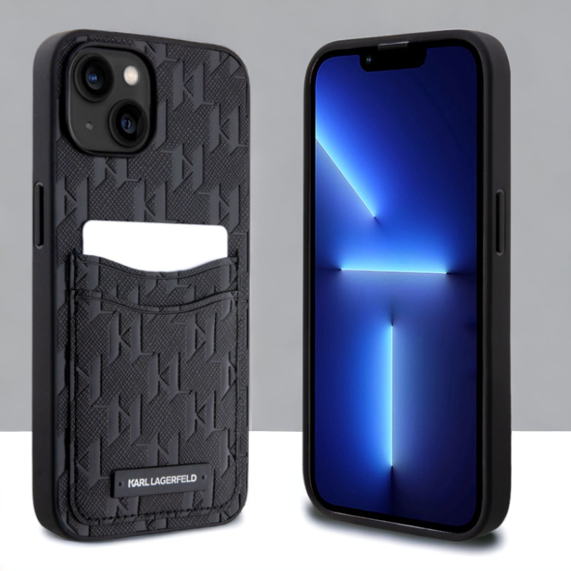 Ovitek Karl Lagerfeld "Monogram Card Slot" za iPhone 13/14/15 (KLHCP13MSAKLHPPK; KLHCP14SSAKLHPPK) – Črna / PC + TPU sil