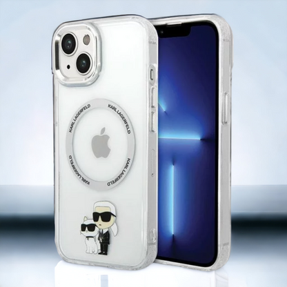 Silikonski ovitek Karl Lagerfeld "Karl & Choupette" za iPhone 13/14/15 s tehologijo MagSafe (KLHMP13MHNKCIT; KLHMP14SHNK