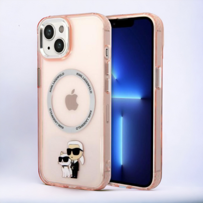 Silikonski ovitek Karl Lagerfeld "Karl & Choupette" za iPhone 13/14/15 s tehologijo MagSafe (KLHMP14SHNKCIP) – Svetlo ro