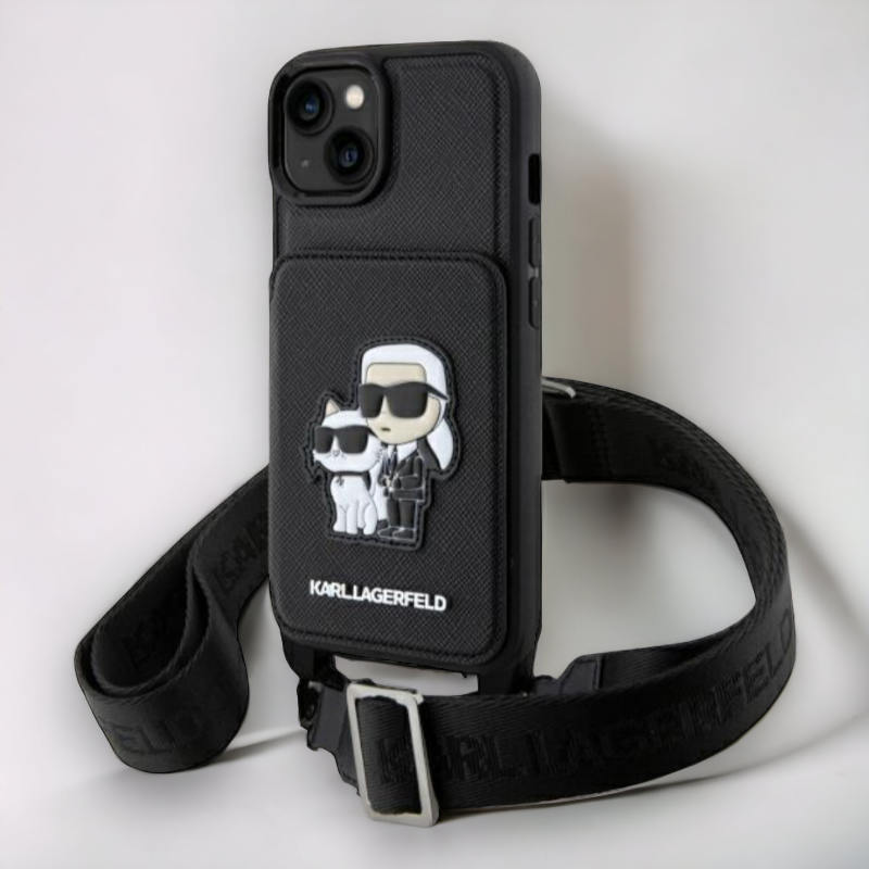 Ovitek Karl Lagerfeld "Saffiano Crossbody" za iPhone 13/14/15 (KLHCP14SCSAKCPMK) – Črna / Ekološko usnje + TPU silikon
