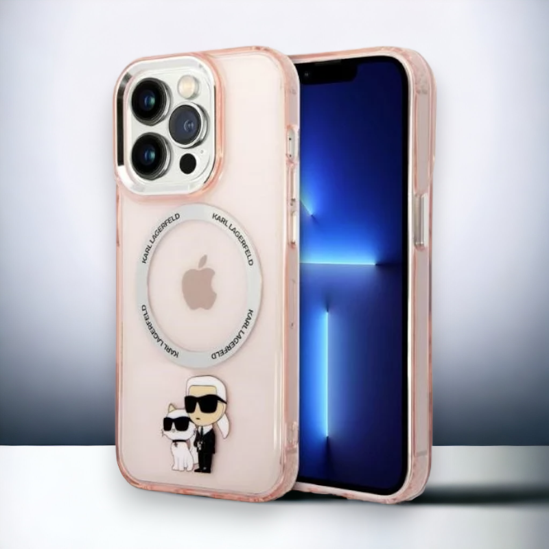 Silikonski ovitek Karl Lagerfeld "Karl & Choupette" za iPhone 14 Pro s tehologijo MagSafe (KLHMP14LHNKCIP) – Svetlo roza