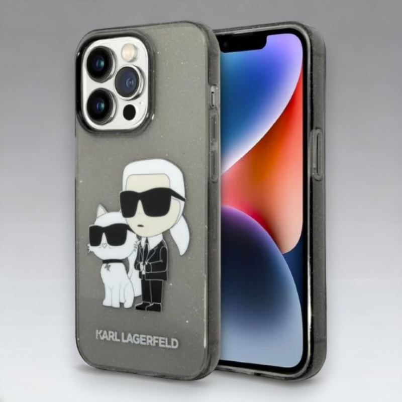 Ovitek Karl Lagerfeld "Karl & Choupette - glitter" za iPhone 14 Pro Max (KLHCP14XHNKCTGK) – Črna / PC + TPU silikon