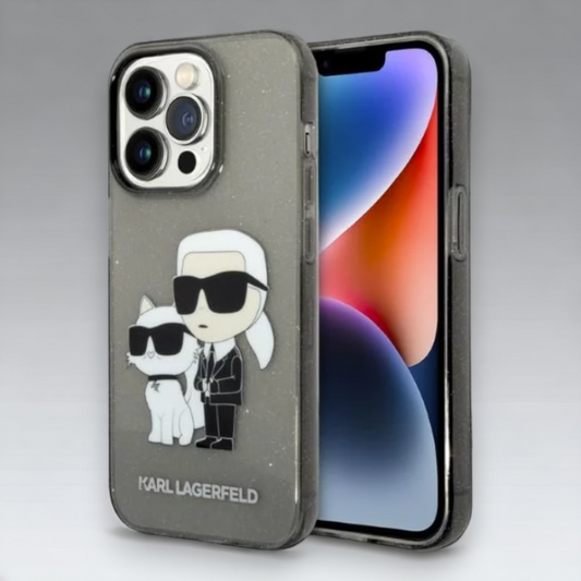 Ovitek Karl Lagerfeld "Karl & Choupette - glitter" za iPhone 14 Pro Max (KLHCP14XHNKCTGK) – Črna / PC + TPU silikon