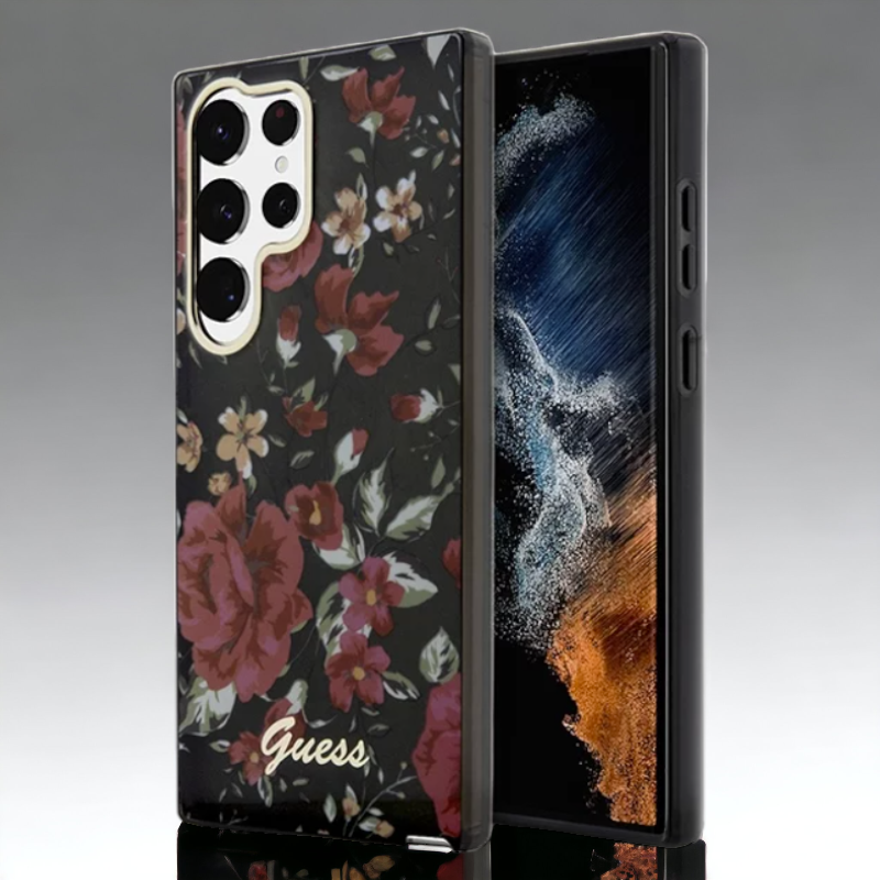 Ovitek Guess "Flower Collection - kaki" za Samsung Galaxy S23 Ultra (GUHCS23LHCFWSA) – Črna / PC + TPU silikon