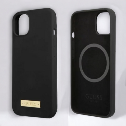 Silikonski ovitek Guess "Logo Plate" za iPhone 13 Pro z MagSafe tehnologijo (GUHMP13LSPLK)