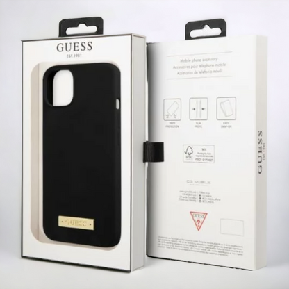 Silikonski ovitek Guess "Logo Plate" za iPhone 13/14/15 z MagSafe tehnologijo (GUHMP13MSPLK)