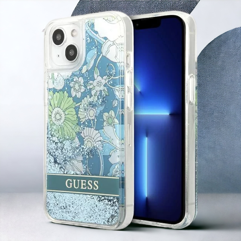Ovitek Guess "Flower Liquid Glitter" za iPhone 13/14/15 (GUHCP13MLFLSN) – Svetlo modra / PC + TPU silikon