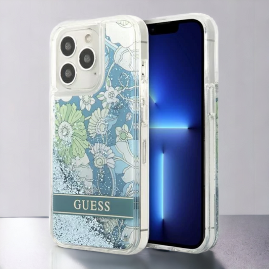 Ovitek Guess "Flower Liquid Glitter" za iPhone 13 Pro (GUHCP13LLFLSN) – Svetlo modra / PC + TPU silikon