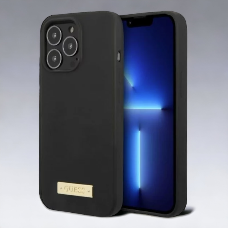 Silikonski ovitek Guess "Logo Plate" za iPhone 13 Pro Max/12 Pro Max z MagSafe tehnologijo (GUHMP13XSPLK) – Črna / TPU s