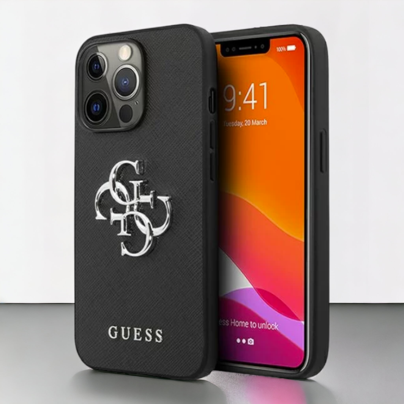 Ovitek Guess "Saffiano 4G Metal Logo" za iPhone 13/13 Pro (GUHCP13LSA4GSBK) – Črna / PC + TPU silikon + Ekološko usnje