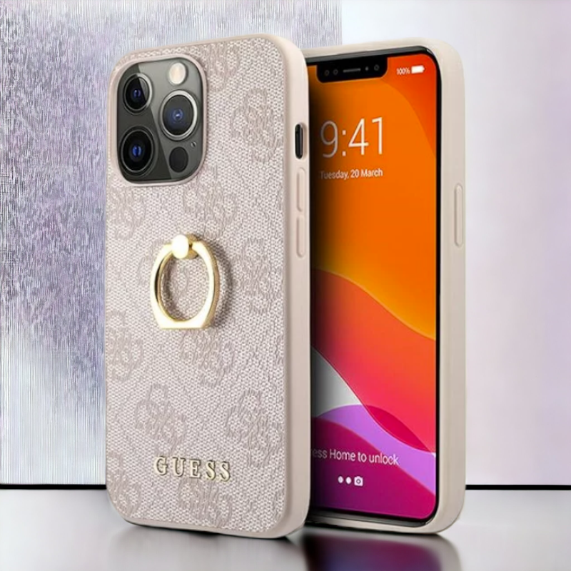 Ovitek Guess "4G Ring Stand" za iPhone 13/13 Pro (GUHCP13L4GMRPI) – Svetlo roza / PC + TPU silikon