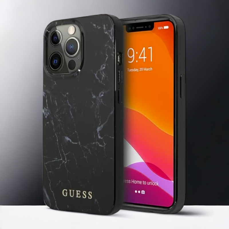 Ovitek Guess "Black marble" za iPhone 13 Pro Max/12 Pro Max (GUHCP13XPCUMABK) – Črna / PC + TPU silikon