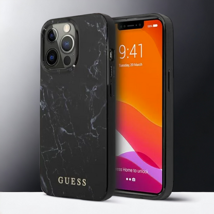 Ovitek Guess "Black marble" za iPhone 13 Pro Max/12 Pro Max (GUHCP13XPCUMABK) – Črna / PC + TPU silikon