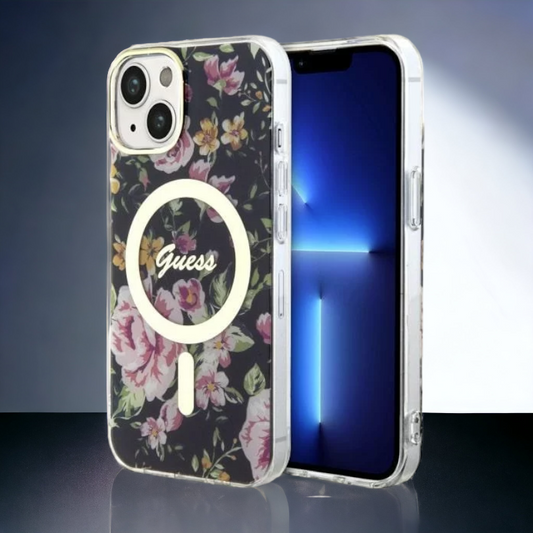 Ovitek Guess "Flower" za iPhone 13/14/15 s tehologijo MagSafe (GUHMP14SHCFWSK) – Črna / PC + TPU silikon
