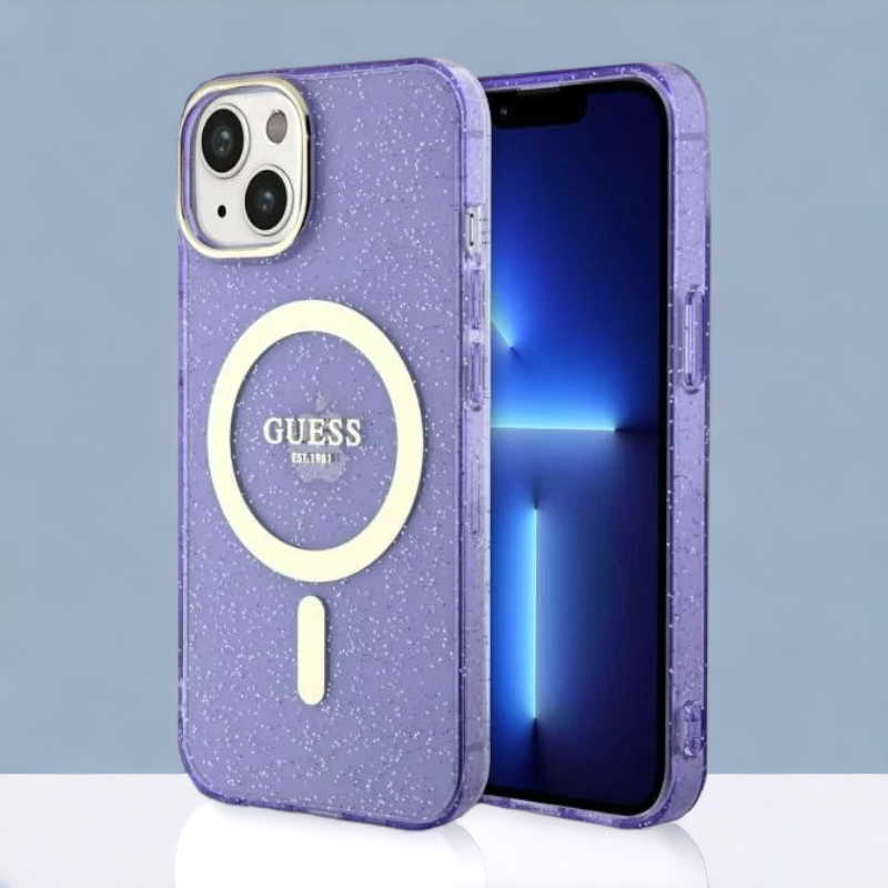 Ovitek Guess "Purple - Gold Glitter" za iPhone 13/14/15 s tehologijo MagSafe (GUHMP14SHCMCGU) – Vijolična / PC + TPU sil